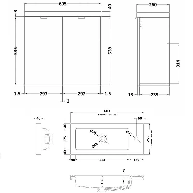 Hudson Reed Fusion Wall Hung 2-Door Vanity Unit With Compact Basin 600mm Wide - Charcoal Black Woodgrain 4 Hudson Reed Fusion Wall Hung 2-Door Vanity Unit With Compact Basin 600mm Wide - Charcoal Black Woodgrain - Image 2