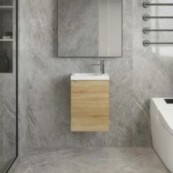 Hudson Reed Fusion Wall Hung 1-Door Vanity Unit With Compact Basin 400mm Wide - Natural Oak