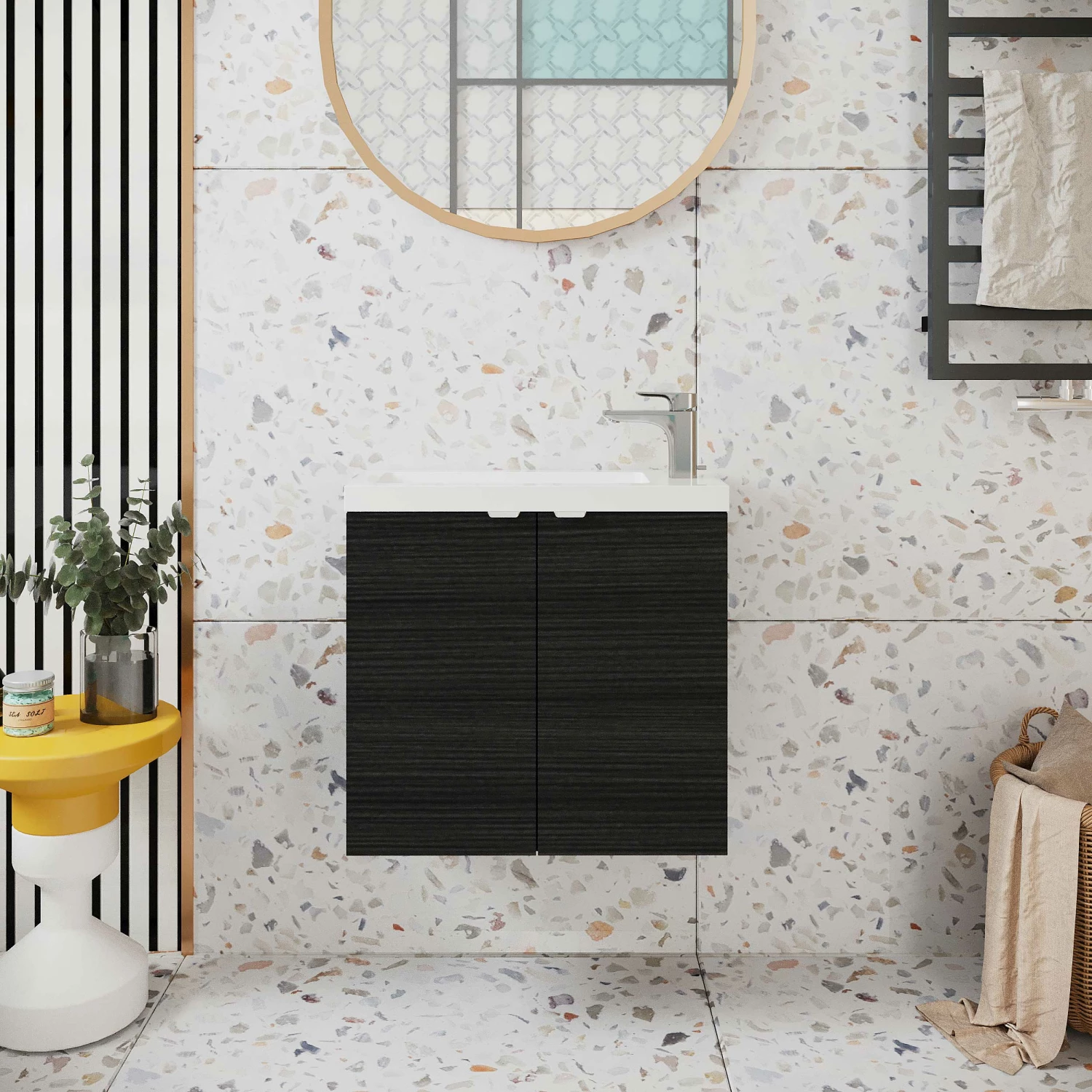 Hudson Reed Fusion Wall Hung 2-Door Vanity Unit With Compact Basin 600mm Wide - Charcoal Black Woodgrain 6 Hudson Reed Fusion Wall Hung 2-Door Vanity Unit With Compact Basin 600mm Wide - Charcoal Black Woodgrain - Image 4