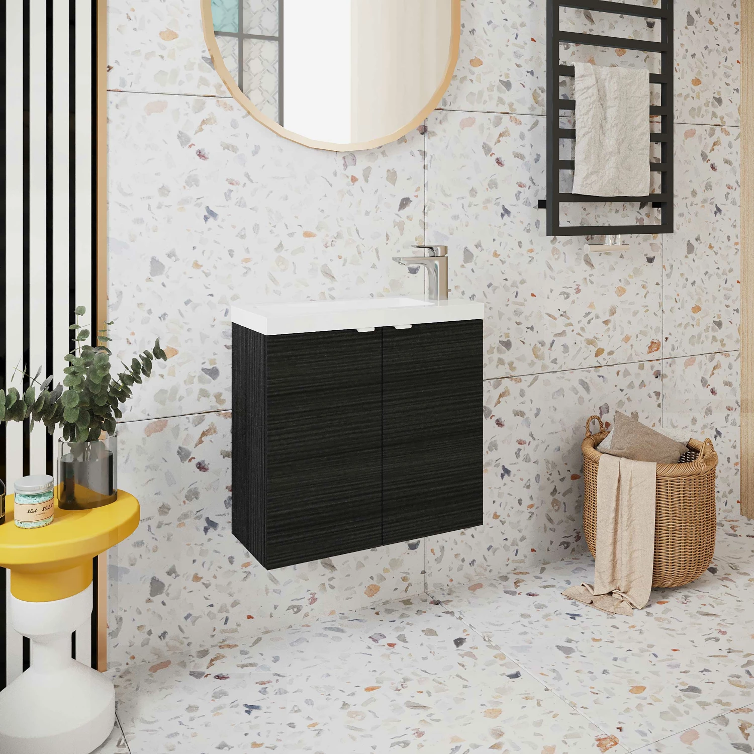 Hudson Reed Fusion Wall Hung 2-Door Vanity Unit With Compact Basin 600mm Wide - Charcoal Black Woodgrain 8 Hudson Reed Fusion Wall Hung 2-Door Vanity Unit With Compact Basin 600mm Wide - Charcoal Black Woodgrain - Image 6