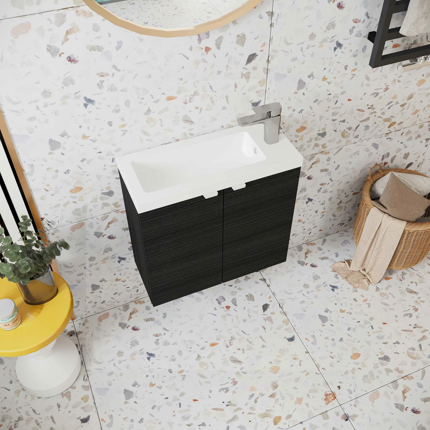 Hudson Reed Fusion Wall Hung 2-Door Vanity Unit With Compact Basin 600mm Wide - Charcoal Black Woodgrain 5 Hudson Reed Fusion Wall Hung 2-Door Vanity Unit With Compact Basin 600mm Wide - Charcoal Black Woodgrain - Image 3