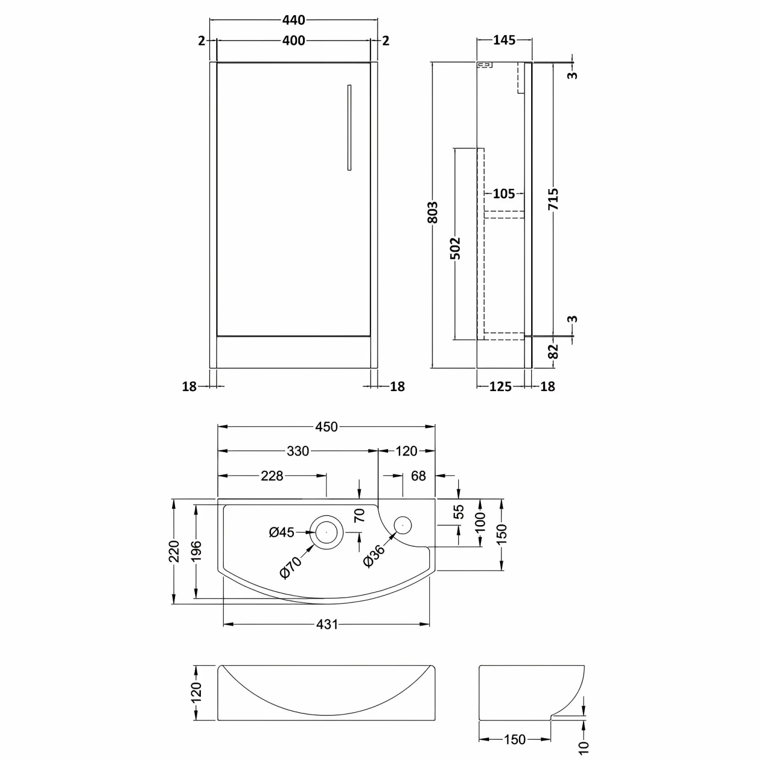 Hudson Reed Juno Compact LH Floor Standing Vanity Unit And Basin 440mm Wide - Graphite Grey 4 Hudson Reed Juno Compact LH Floor Standing Vanity Unit And Basin 440mm Wide - Graphite Grey - Image 2