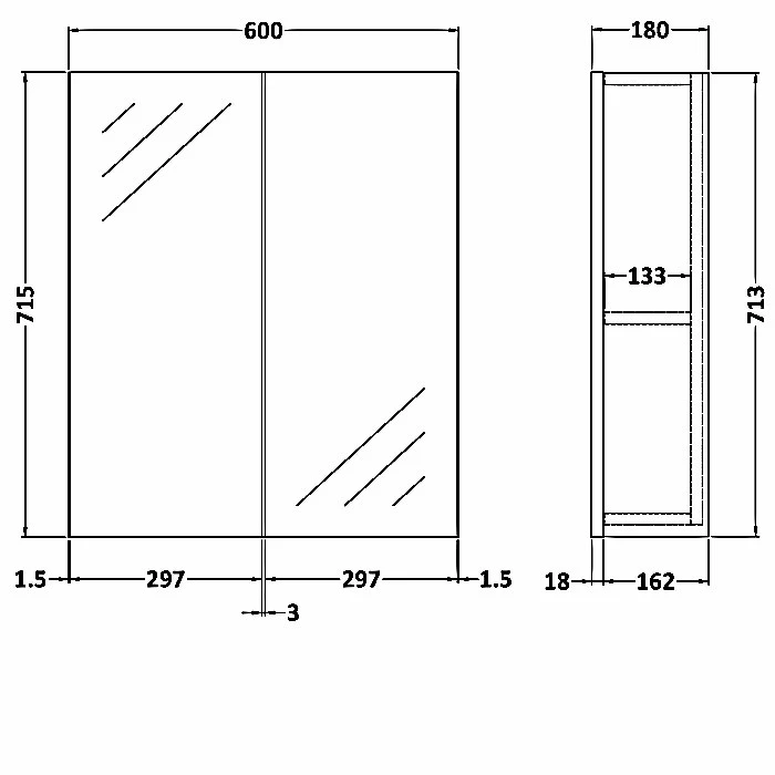 Hudson Reed Fusion Mirrored Bathroom Cabinet (50/50) 600mm Wide - Gloss Grey 6 Hudson Reed Fusion Mirrored Bathroom Cabinet (50/50) 600mm Wide - Gloss Grey - Image 4