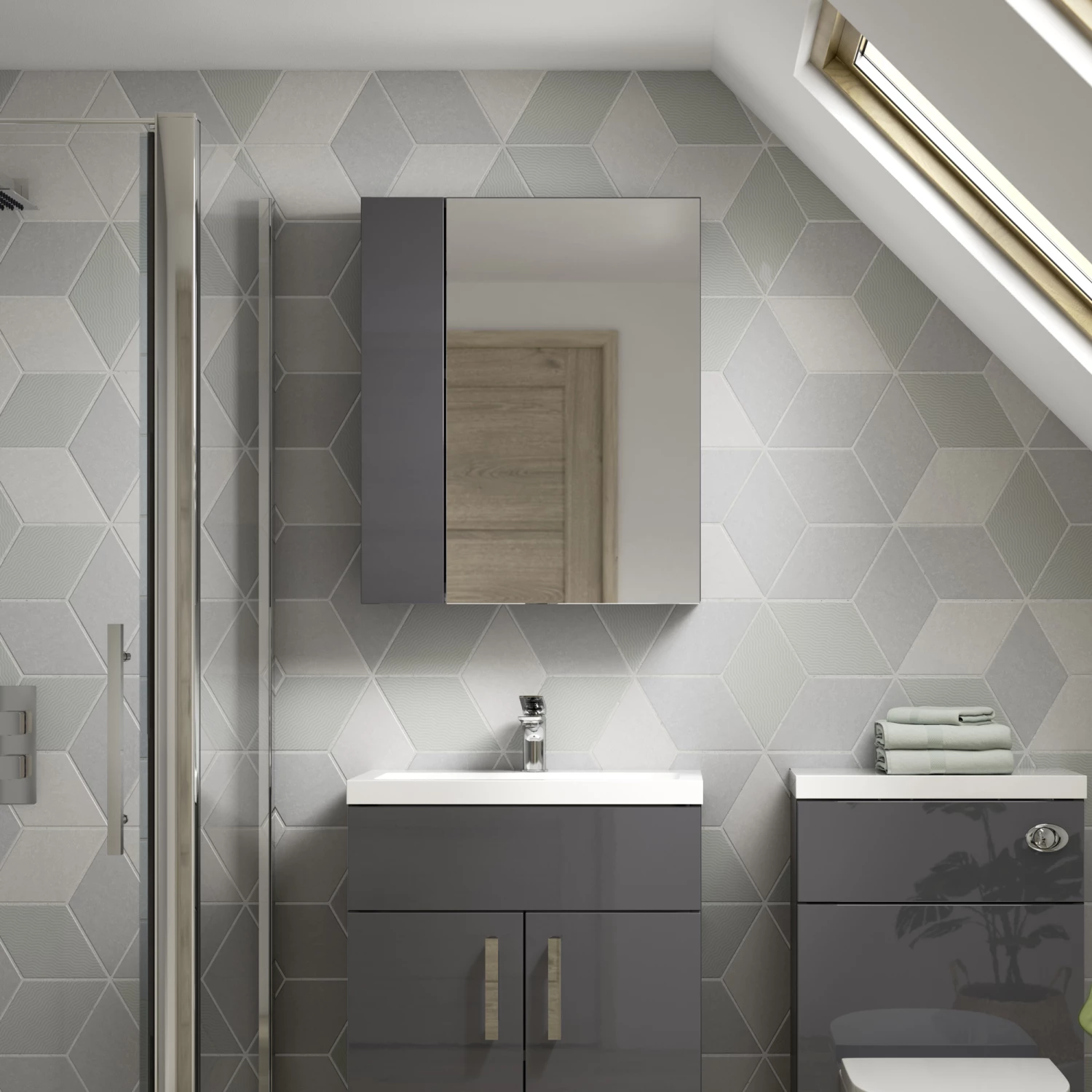 Hudson Reed Fusion Mirrored Bathroom Cabinet (75/25) 600mm Wide - Gloss Grey 5 Hudson Reed Fusion Mirrored Bathroom Cabinet (75/25) 600mm Wide - Gloss Grey - Image 3