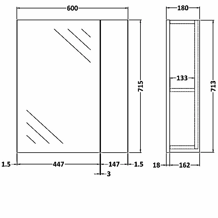 Hudson Reed Fusion Mirrored Bathroom Cabinet (75/25) 600mm Wide - Gloss Grey 3 Hudson Reed Fusion Mirrored Bathroom Cabinet (75/25) 600mm Wide - Gloss Grey