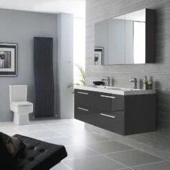 Hudson Reed Quartet 3 Door Mirrored Cabinet 1350mm Wide - Charcoal Black Woodgrain