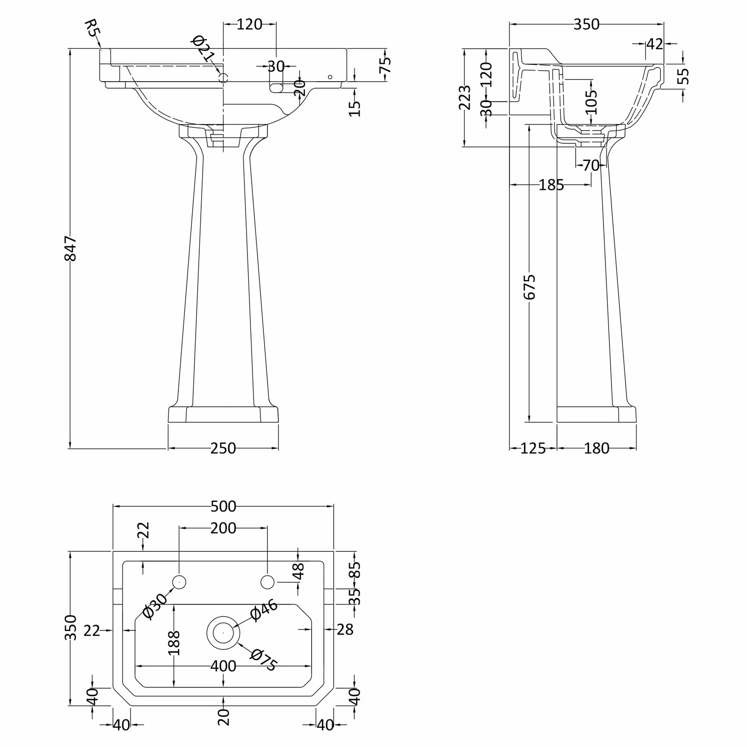 Hudson Reed Richmond Basin With Full Pedestal 500mm Wide - 2 Tap Hole 4 Hudson Reed Richmond Basin With Full Pedestal 500mm Wide - 2 Tap Hole - Image 2