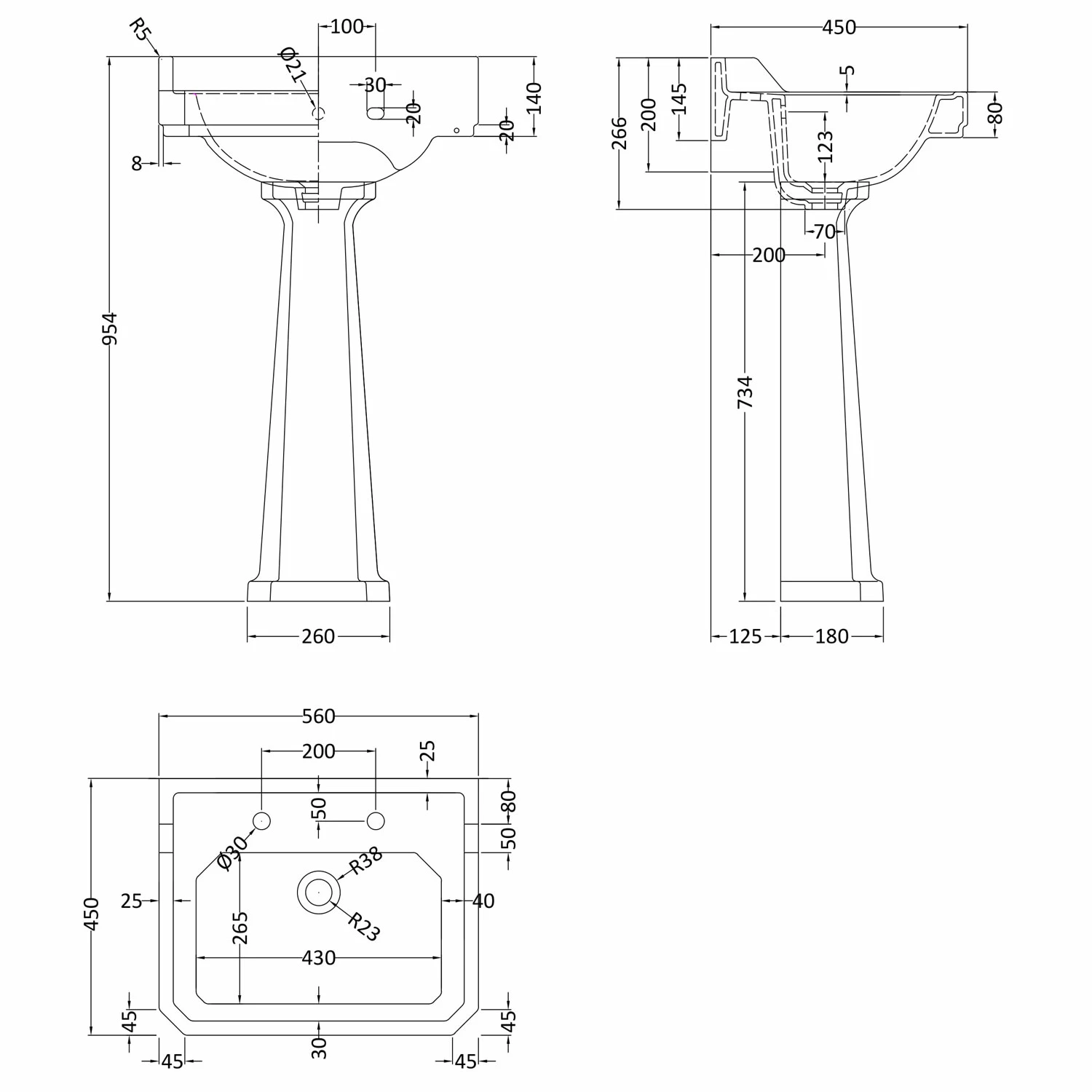 Hudson Reed Richmond Basin And Comfort Height Full Pedestal 560mm Wide - 2 Tap Hole 3 Hudson Reed Richmond Basin And Comfort Height Full Pedestal 560mm Wide - 2 Tap Hole