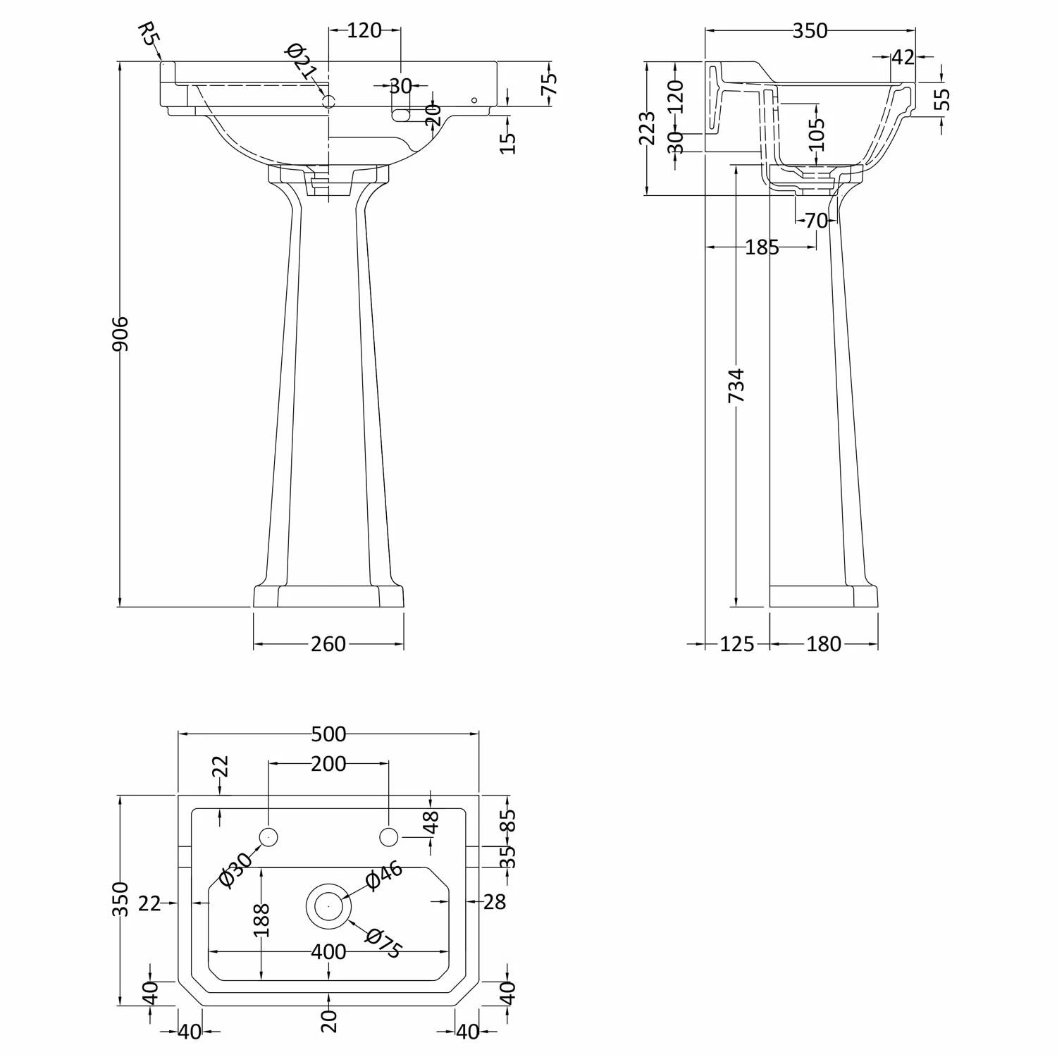 Hudson Reed Richmond Basin And Comfort Height Full Pedestal 500mm Wide - 2 Tap Hole 3 Hudson Reed Richmond Basin And Comfort Height Full Pedestal 500mm Wide - 2 Tap Hole