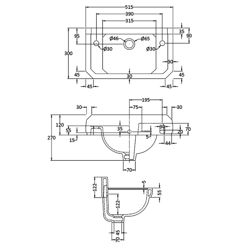 Hudson Reed Richmond Cloakroom Basin 515mm Wide - 2 Tap Hole 3 Hudson Reed Richmond Cloakroom Basin 515mm Wide - 2 Tap Hole