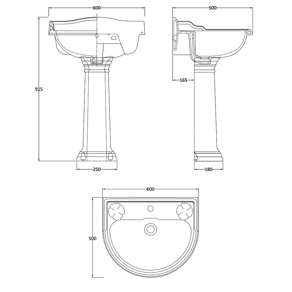 Hudson Reed Ryther Basin And Full Pedestal 600mm Wide - 1 Tap Hole 4 Hudson Reed Ryther Basin And Full Pedestal 600mm Wide - 1 Tap Hole - Image 2