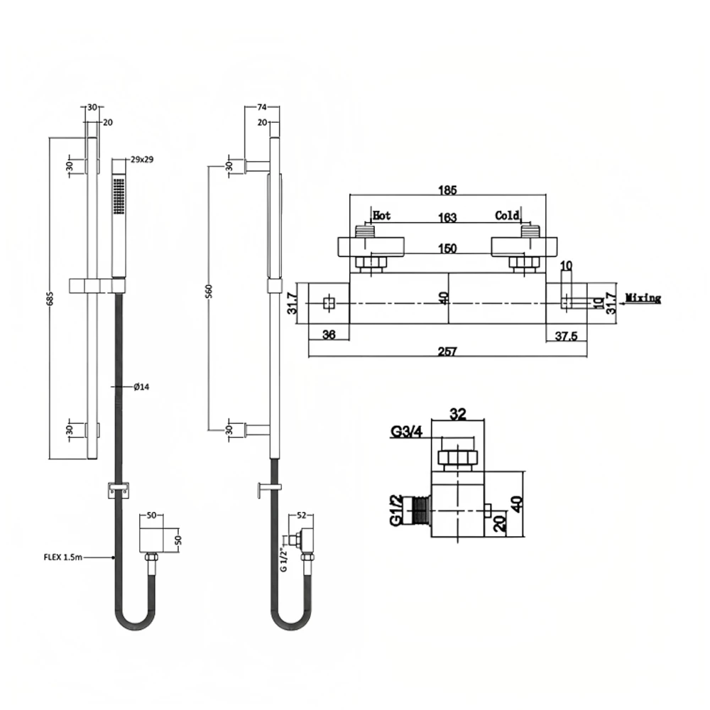 Hudson Reed Square Thermostatic Bar Shower Valve With Kubix Slider Rail Kit - Chrome 3 Hudson Reed Square Thermostatic Bar Shower Valve With Kubix Slider Rail Kit - Chrome