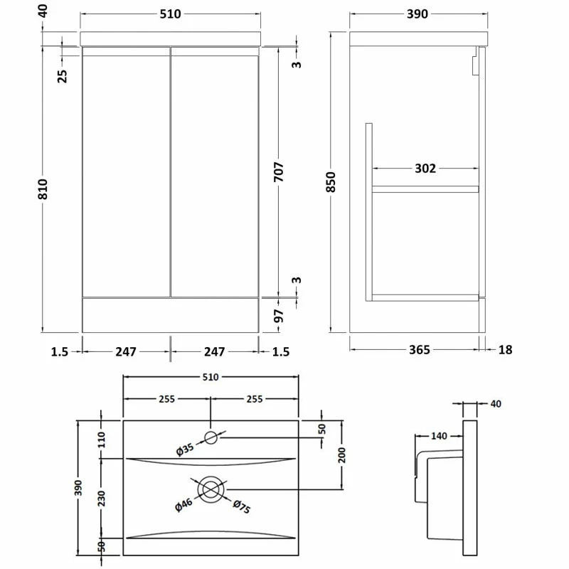 Hudson Reed Urban Floor Standing 2-Door Vanity Unit With Basin 1 Satin Grey - 500mm Wide 4 Hudson Reed Urban Floor Standing 2-Door Vanity Unit With Basin 1 Satin Grey - 500mm Wide - Image 2