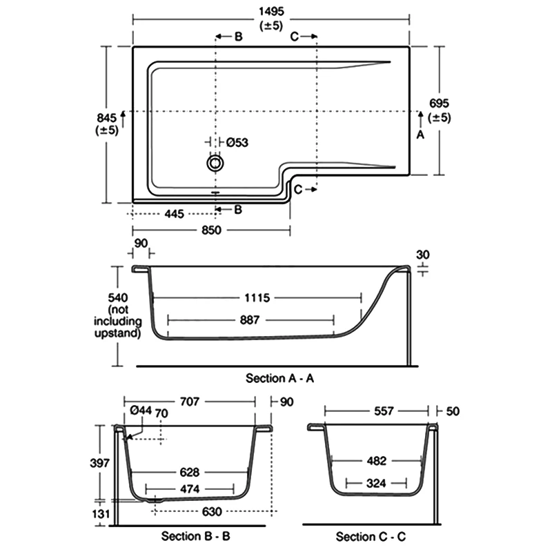 Ideal Standard Concept L-Shaped Shower Bath 1500mm X 700mm/850mm Left Handed 0 Tap Hole 3 Ideal Standard Concept L-Shaped Shower Bath 1500mm X 700mm/850mm Left Handed 0 Tap Hole