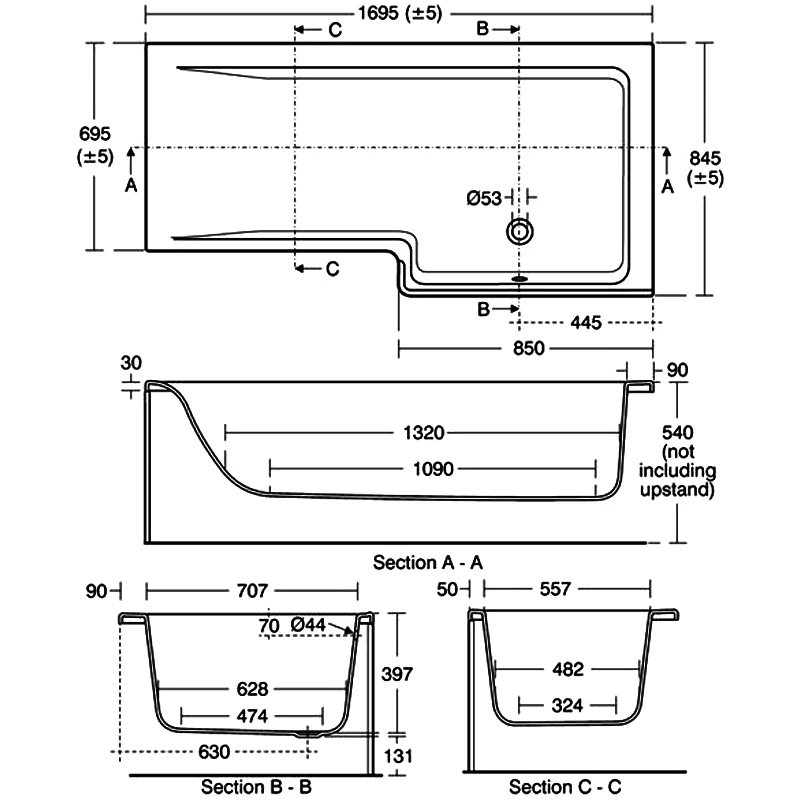 Ideal Standard Concept Idealform L-Shaped Shower Bath Right Hand 1700mm X 700mm/850mm 0 Tap Hole 6 Ideal Standard Concept Idealform L-Shaped Shower Bath Right Hand 1700mm X 700mm/850mm 0 Tap Hole - Image 4