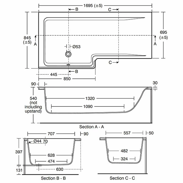 Ideal Standard Concept Idealform L-Shaped Shower Bath Left Hand 1700mm X 700mm/850mm 0 Tap Hole 3 Ideal Standard Concept Idealform L-Shaped Shower Bath Left Hand 1700mm X 700mm/850mm 0 Tap Hole