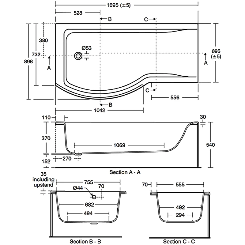 Ideal Standard Concept Shower Bath 1700mm X 700mm/900mm Left Handed 0 Tap Hole - White 6 Ideal Standard Concept Shower Bath 1700mm X 700mm/900mm Left Handed 0 Tap Hole - White - Image 4