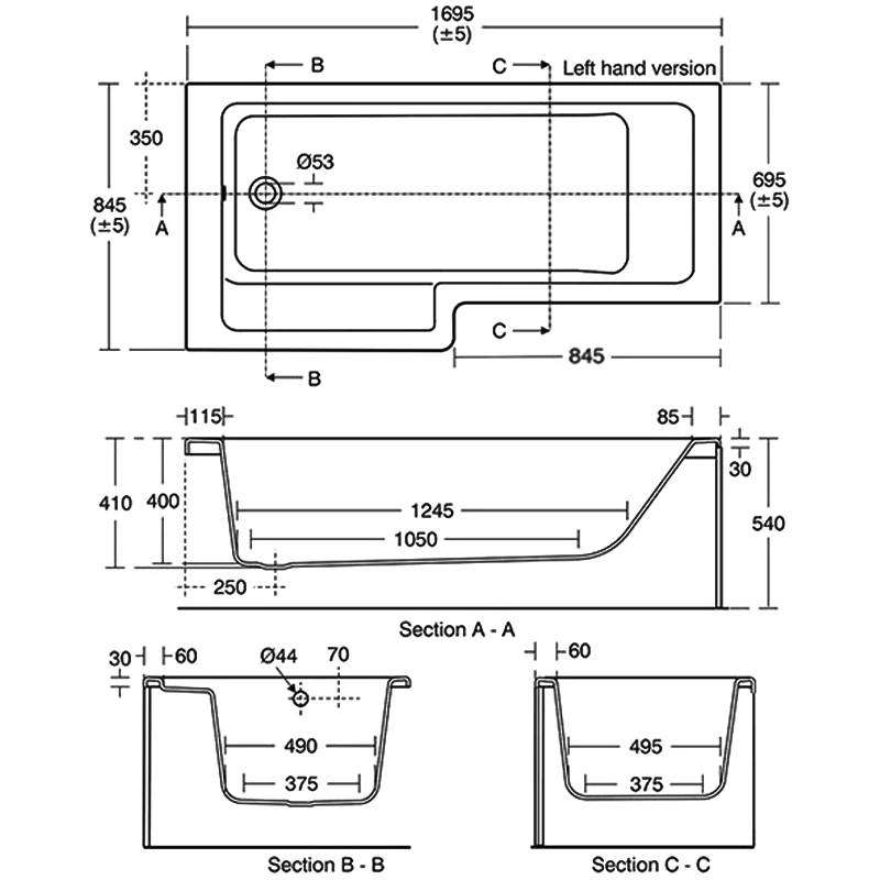 Ideal Standard Tempo Cube L-Shaped Shower Bath 1700mm X 700mm/850mm Right Handed 0 Tap Hole 6 Ideal Standard Tempo Cube L-Shaped Shower Bath 1700mm X 700mm/850mm Right Handed 0 Tap Hole - Image 4