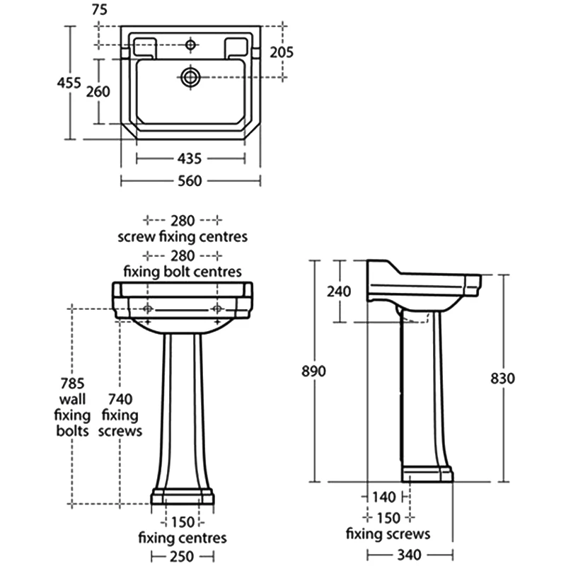 Ideal Standard Waverley Classic Basin And Full Pedestal 560mm Wide 1 Tap Hole 3 Ideal Standard Waverley Classic Basin And Full Pedestal 560mm Wide 1 Tap Hole