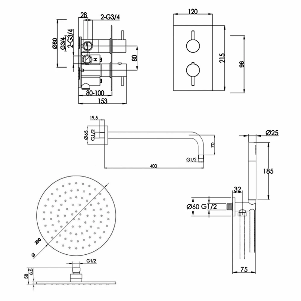 JTP Vos Thermostatic Dual Concealed Mixer Shower With Shower Handset + Fixed Head - Brushed Brass 3 JTP Vos Thermostatic Dual Concealed Mixer Shower With Shower Handset + Fixed Head - Brushed Brass