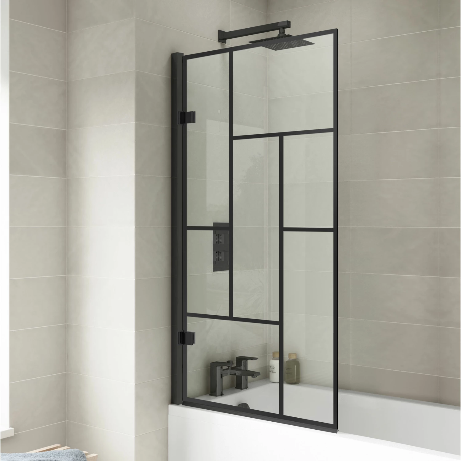 Nuie Abstract Matt Black Framed Hinged Bath Screen 1520mm H X 830mm W - 8mm Glass 6 Nuie Abstract Matt Black Framed Hinged Bath Screen 1520mm H X 830mm W - 8mm Glass - Image 4