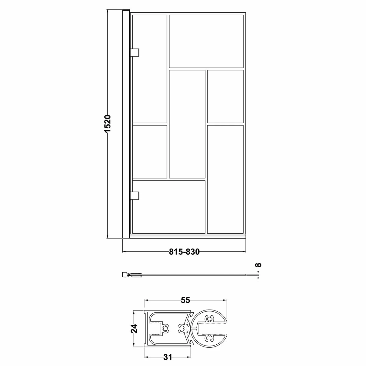 Nuie Abstract Matt Black Framed Hinged Bath Screen 1520mm H X 830mm W - 8mm Glass 5 Nuie Abstract Matt Black Framed Hinged Bath Screen 1520mm H X 830mm W - 8mm Glass - Image 3