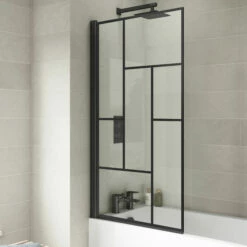 Nuie Abstract Matt Black Framed Square Bath Screen 1430mm H X 790mm W - 6mm Glass