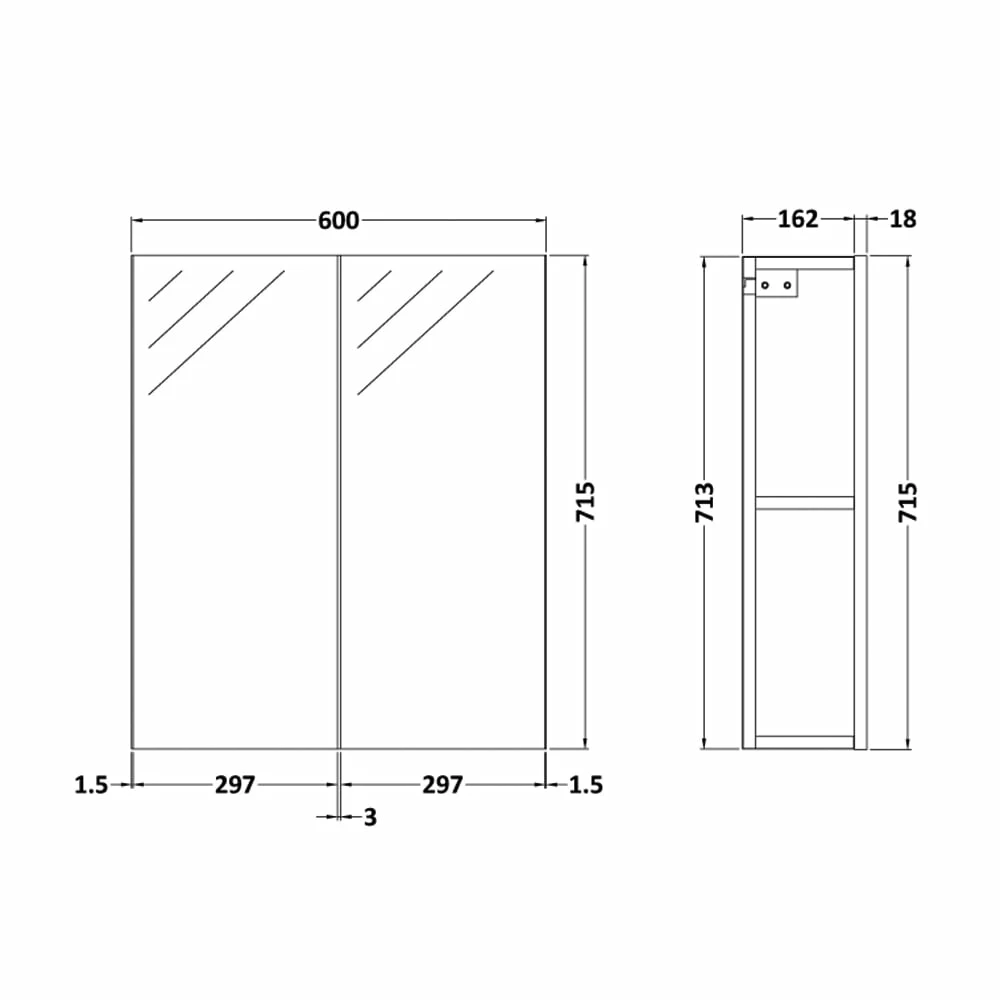 Nuie Arno Mirrored Bathroom Cabinet (50/50) 715mm H X 600mm W - Black Woodgrain 5 Nuie Arno Mirrored Bathroom Cabinet (50/50) 715mm H X 600mm W - Black Woodgrain - Image 3