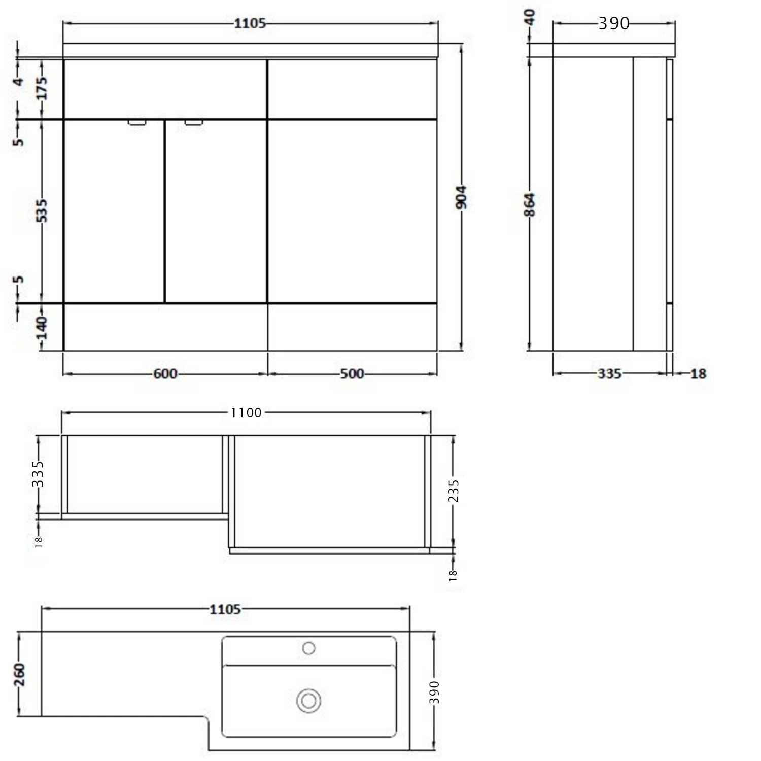 Nuie Arno RH Combination Unit With L-Shape Basin 1100mm Wide - Anthracite Woodgrain 4 Nuie Arno RH Combination Unit With L-Shape Basin 1100mm Wide - Anthracite Woodgrain - Image 2