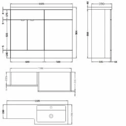 Nuie Arno RH Combination Unit With L-Shape Basin 1100mm Wide - Gloss Grey Mist