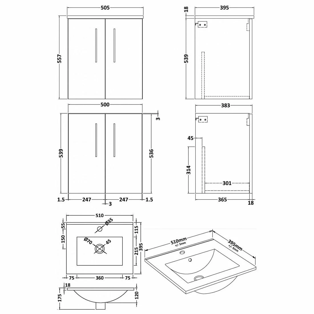 Nuie Arno Wall Hung 2-Door Vanity Unit With Basin-2 500mm Wide - Gloss White 8 Nuie Arno Wall Hung 2-Door Vanity Unit With Basin-2 500mm Wide - Gloss White - Image 6