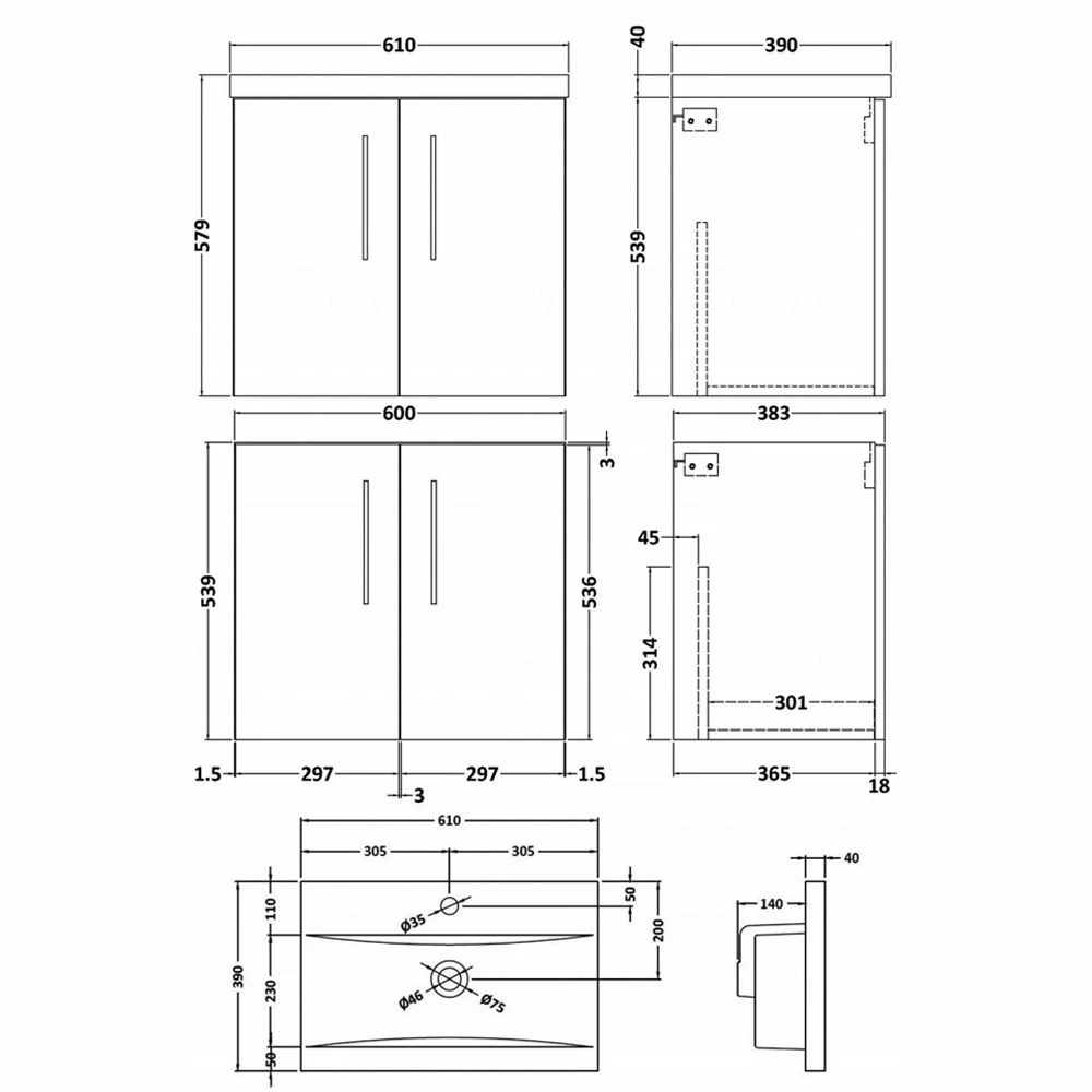 Nuie Arno Wall Hung 2-Door Vanity Unit With Basin-1 600mm Wide - Gloss White 5 Nuie Arno Wall Hung 2-Door Vanity Unit With Basin-1 600mm Wide - Gloss White - Image 3