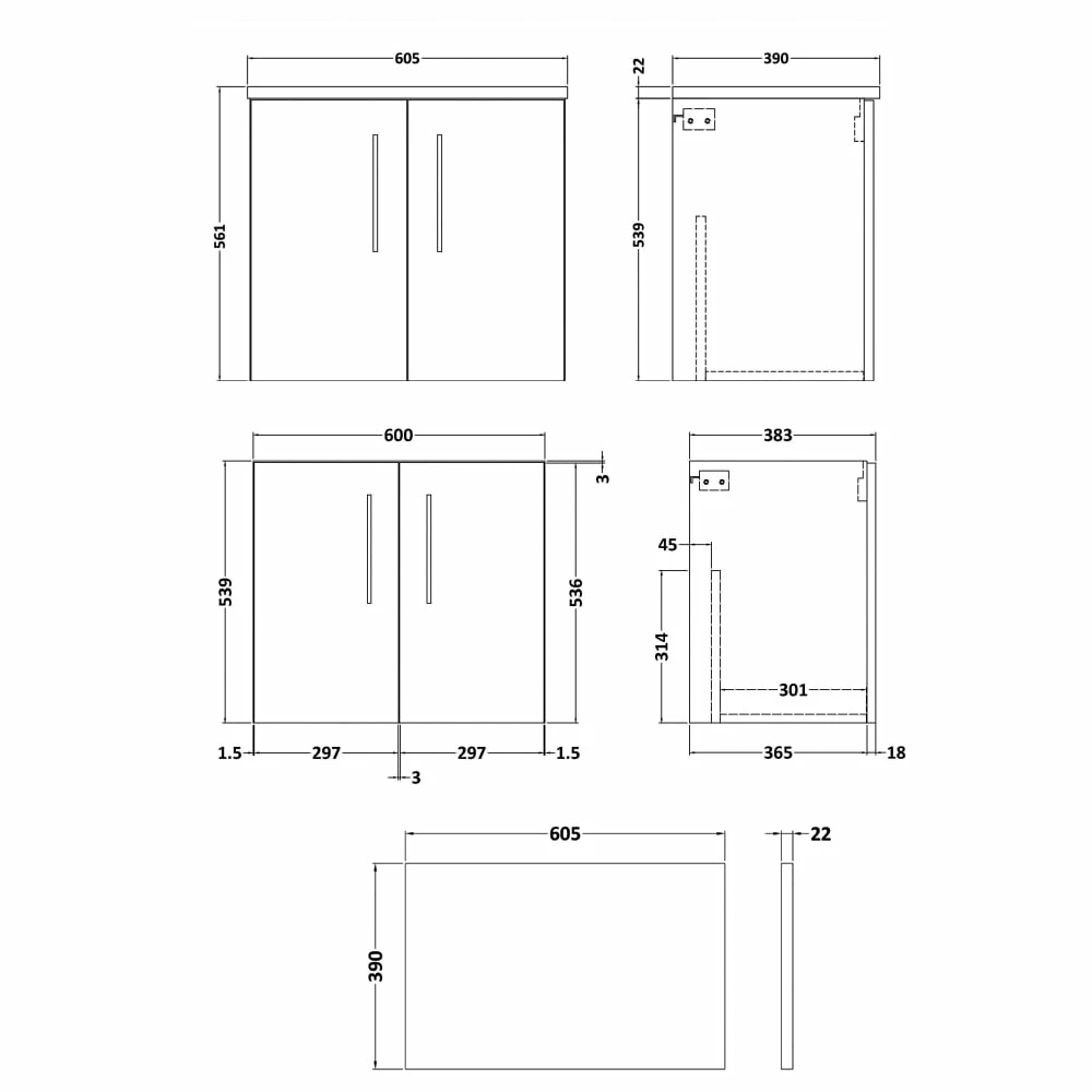 Nuie Arno Wall Hung 2-Door Vanity Unit With Sparkling White Worktop 600mm Wide - Satin Reed Green 5 Nuie Arno Wall Hung 2-Door Vanity Unit With Sparkling White Worktop 600mm Wide - Satin Reed Green - Image 3