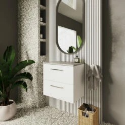 Nuie Arno Wall Hung 2-Drawer Vanity Unit With Bellato Grey Worktop 600mm Wide - Gloss White -HEATANDPLUMB Sales nuie arno vanity unit arn124lbg 2