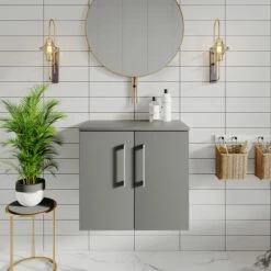 Nuie Arno Wall Hung 2-Door Vanity Unit With Worktop 600mm Wide - Gloss Mid Grey -HEATANDPLUMB Sales nuie arno vanity unit arn1323w 1