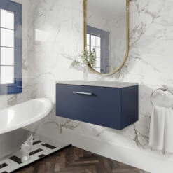 Nuie Arno Wall Hung 1-Drawer Vanity Unit With Bellato Grey Worktop 800mm Wide - Electric Blue -HEATANDPLUMB Sales nuie arno vanity unit arn1725lbg 1