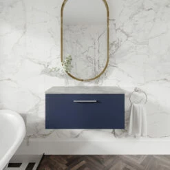 Nuie Arno Wall Hung 1-Drawer Vanity Unit With Bellato Grey Worktop 800mm Wide - Electric Blue -HEATANDPLUMB Sales nuie arno vanity unit arn1725lbg 2