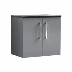 Nuie Arno Wall Hung 2-Door Vanity Unit With Sparkling Black Worktop 600mm Wide - Satin Grey -HEATANDPLUMB Sales nuie arno vanity unit arn2223lsb