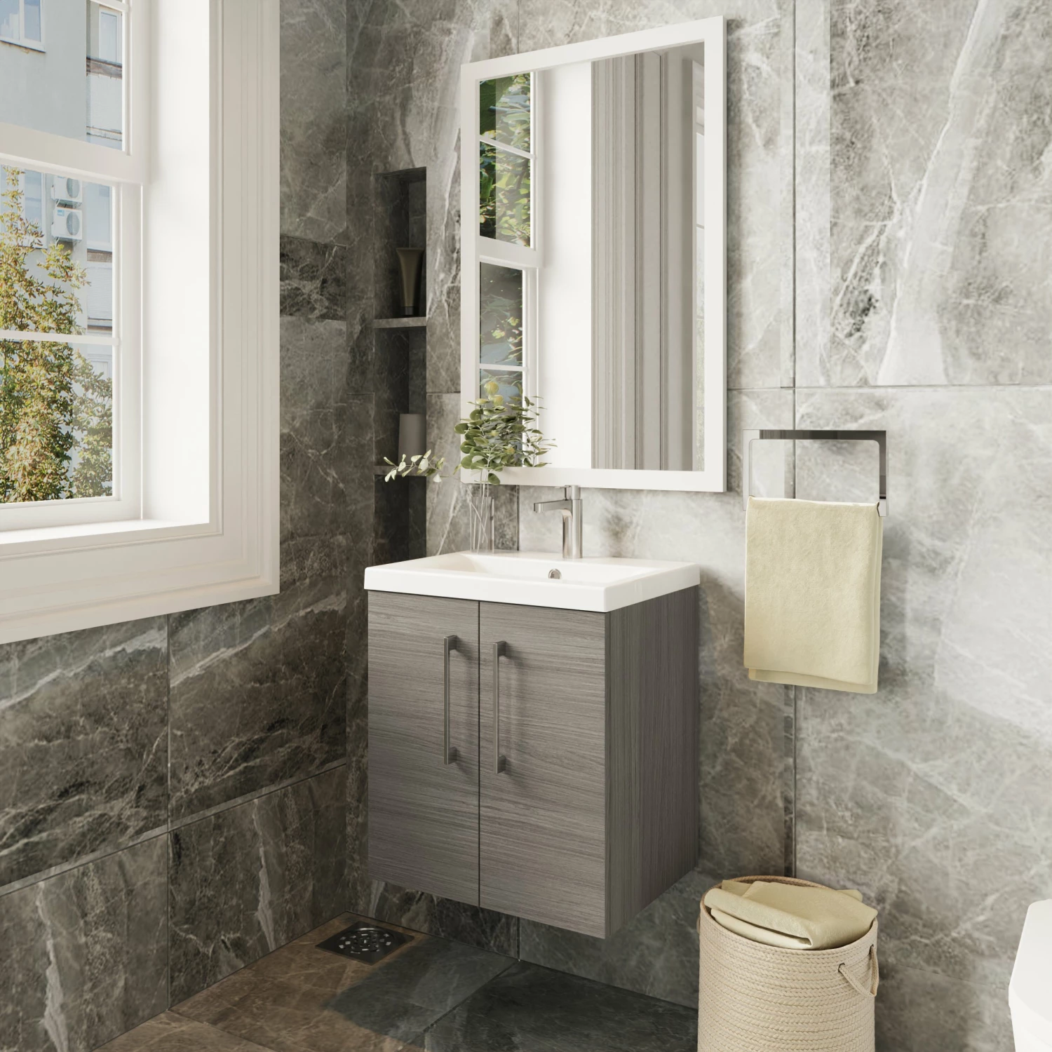 Nuie Arno Wall Hung 2-Door Vanity Unit With Basin-3 500mm Wide - Solace Oak Woodgrain 7 Nuie Arno Wall Hung 2-Door Vanity Unit With Basin-3 500mm Wide - Solace Oak Woodgrain - Image 5
