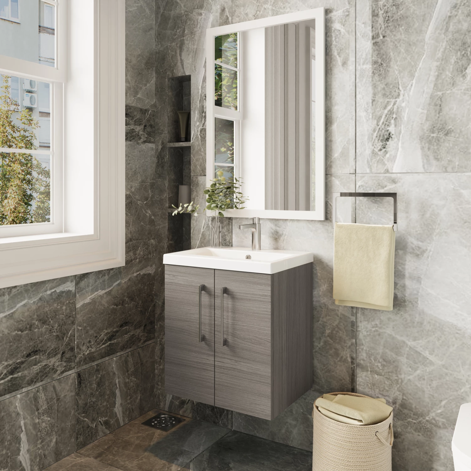 Nuie Arno Wall Hung 2-Door Vanity Unit With Basin-1 500mm Wide - Solace Oak Woodgrain 6 Nuie Arno Wall Hung 2-Door Vanity Unit With Basin-1 500mm Wide - Solace Oak Woodgrain - Image 4