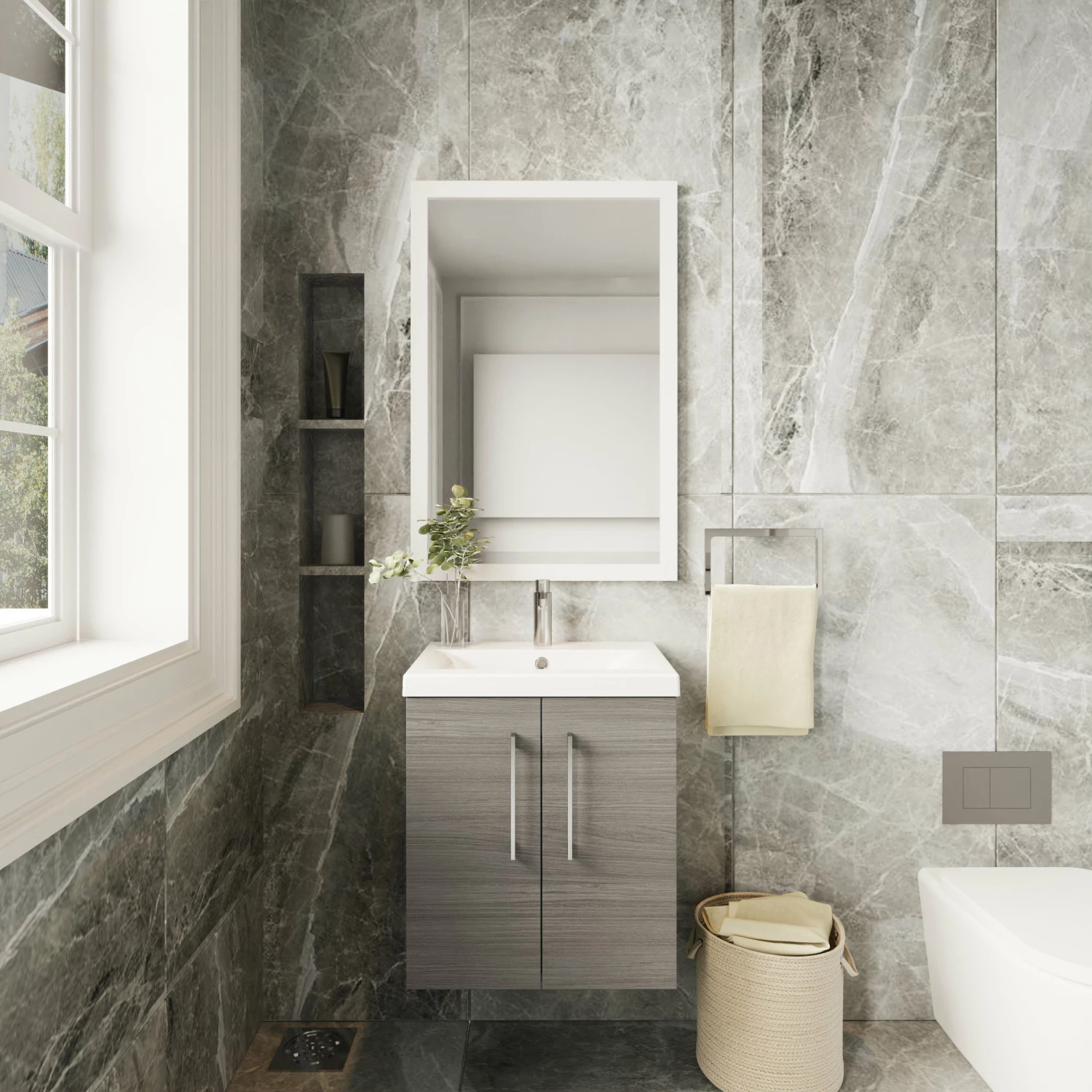 Nuie Arno Wall Hung 2-Door Vanity Unit With Basin-3 500mm Wide - Solace Oak Woodgrain 8 Nuie Arno Wall Hung 2-Door Vanity Unit With Basin-3 500mm Wide - Solace Oak Woodgrain - Image 6