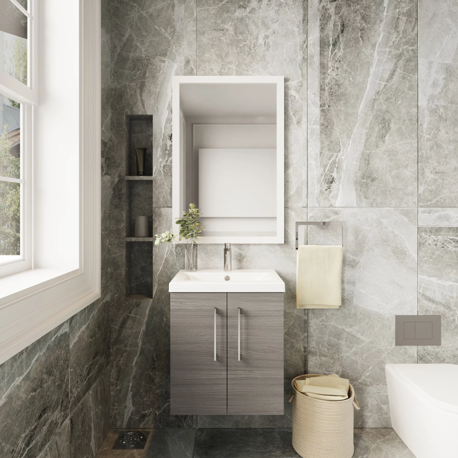 Nuie Arno Wall Hung 2-Door Vanity Unit With Basin-1 500mm Wide - Solace Oak Woodgrain 7 Nuie Arno Wall Hung 2-Door Vanity Unit With Basin-1 500mm Wide - Solace Oak Woodgrain - Image 5