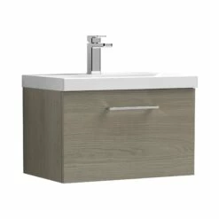 Nuie Arno Wall Hung 1-Drawer Vanity Unit With Basin-3 600mm Wide - Solace Oak Woodgrain