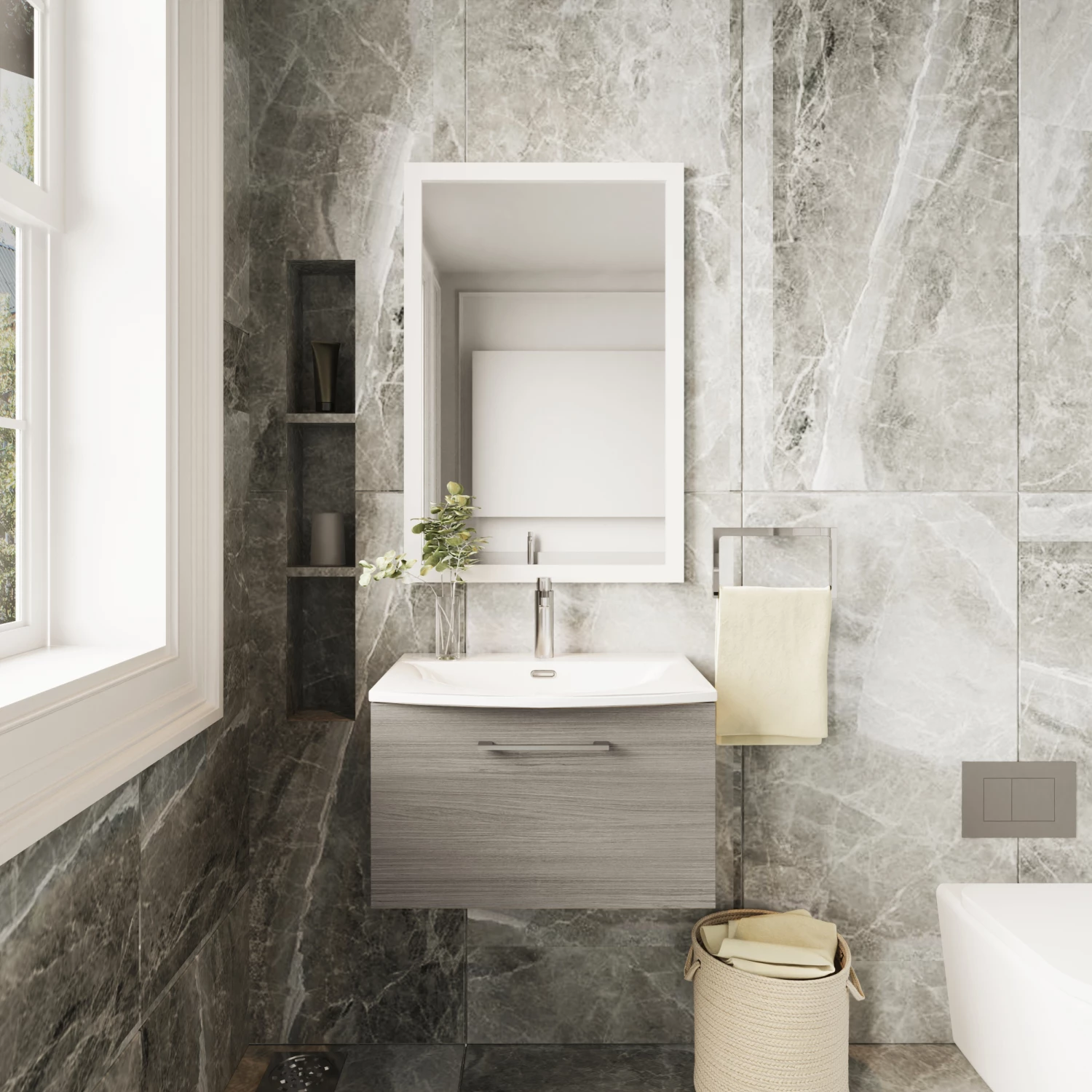 Nuie Arno Wall Hung 1-Drawer Vanity Unit With Basin-4 600mm Wide - Solace Oak Woodgrain 8 Nuie Arno Wall Hung 1-Drawer Vanity Unit With Basin-4 600mm Wide - Solace Oak Woodgrain - Image 6