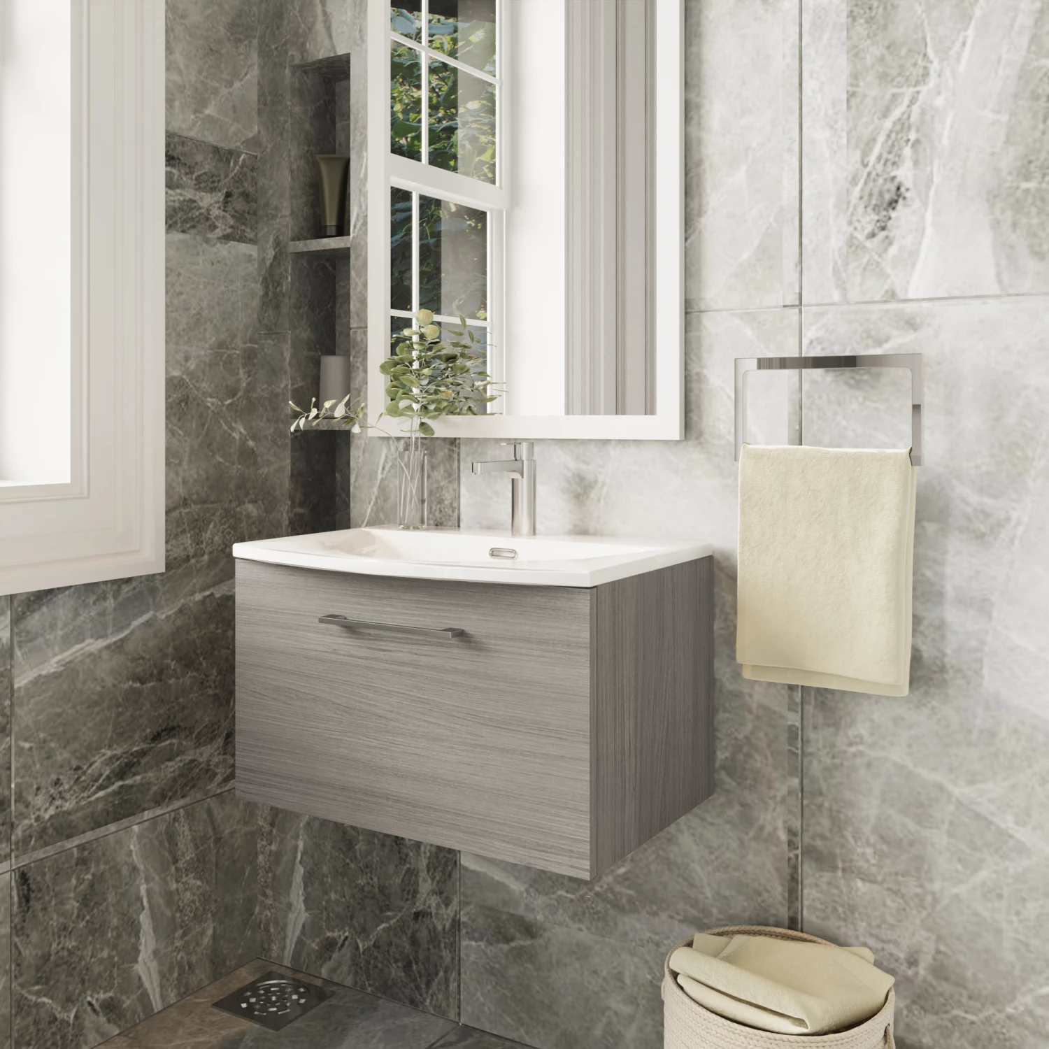 Nuie Arno Wall Hung 1-Drawer Vanity Unit With Basin-4 600mm Wide - Solace Oak Woodgrain 6 Nuie Arno Wall Hung 1-Drawer Vanity Unit With Basin-4 600mm Wide - Solace Oak Woodgrain - Image 4