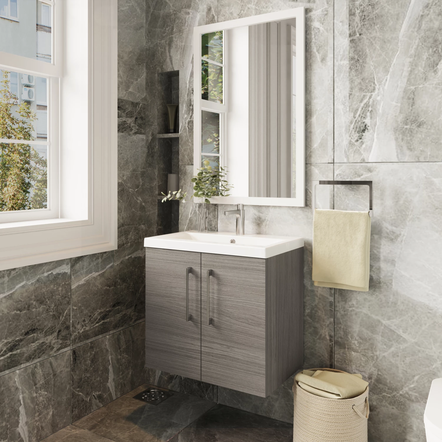 Nuie Arno Wall Hung 2-Door Vanity Unit With Basin-3 600mm Wide - Solace Oak Woodgrain 7 Nuie Arno Wall Hung 2-Door Vanity Unit With Basin-3 600mm Wide - Solace Oak Woodgrain - Image 5