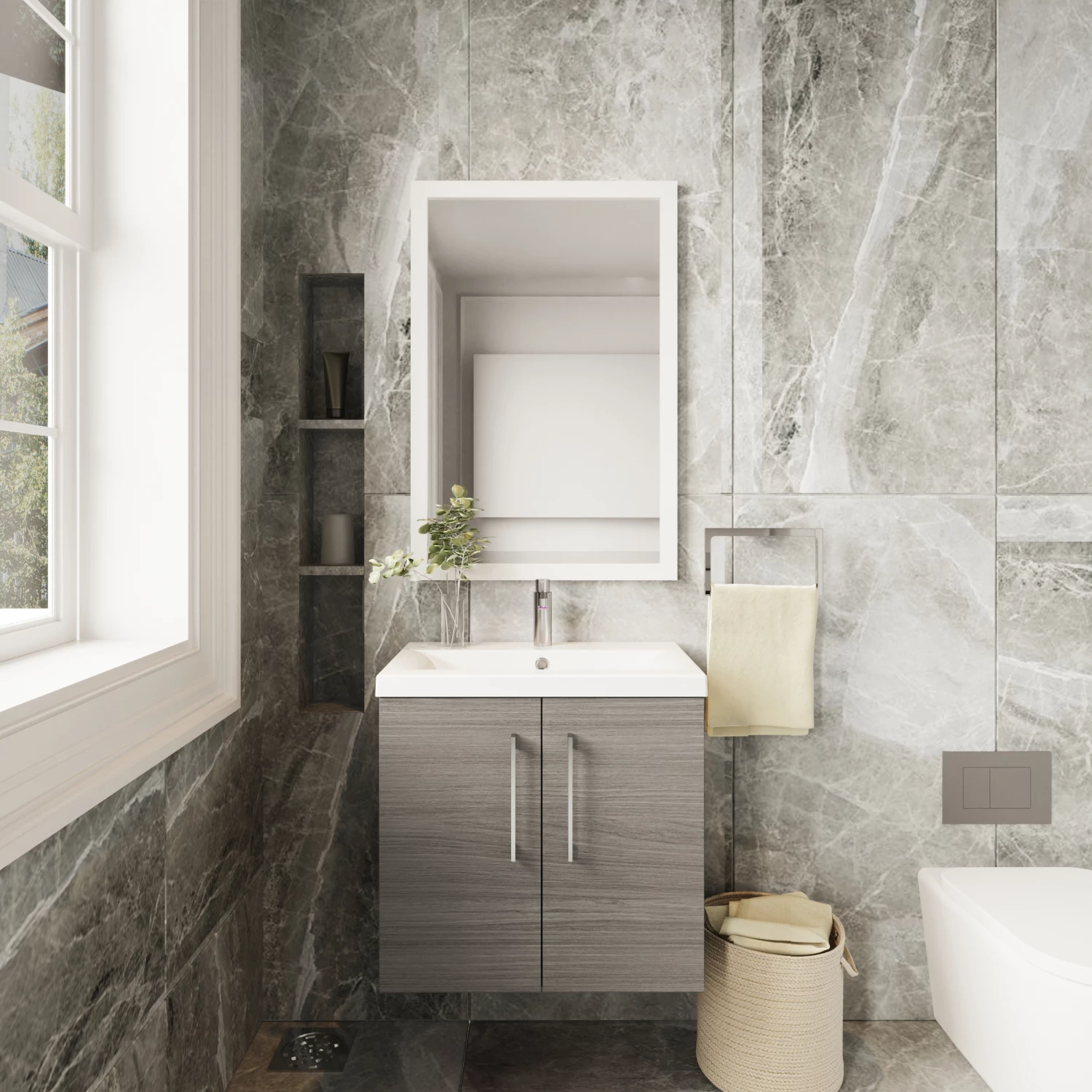 Nuie Arno Wall Hung 2-Door Vanity Unit With Basin-3 600mm Wide - Solace Oak Woodgrain 4 Nuie Arno Wall Hung 2-Door Vanity Unit With Basin-3 600mm Wide - Solace Oak Woodgrain - Image 2