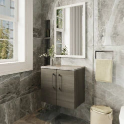 Nuie Arno Wall Hung 2-Door Vanity Unit With Bellato Grey Worktop 600mm Wide - Solace Oak Woodgrain -HEATANDPLUMB Sales nuie arno vanity unit arn2523lbg 2