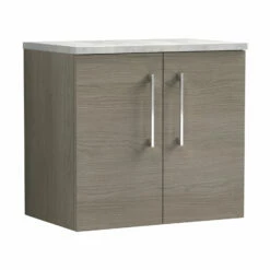 Nuie Arno Wall Hung 2-Door Vanity Unit With Bellato Grey Worktop 600mm Wide - Solace Oak Woodgrain -HEATANDPLUMB Sales nuie arno vanity unit arn2523lbg 3