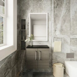 Nuie Arno Wall Hung 2-Door Vanity Unit With Sparkling Black Worktop 600mm Wide - Solace Oak Woodgrain -HEATANDPLUMB Sales nuie arno vanity unit arn2523lsb 1